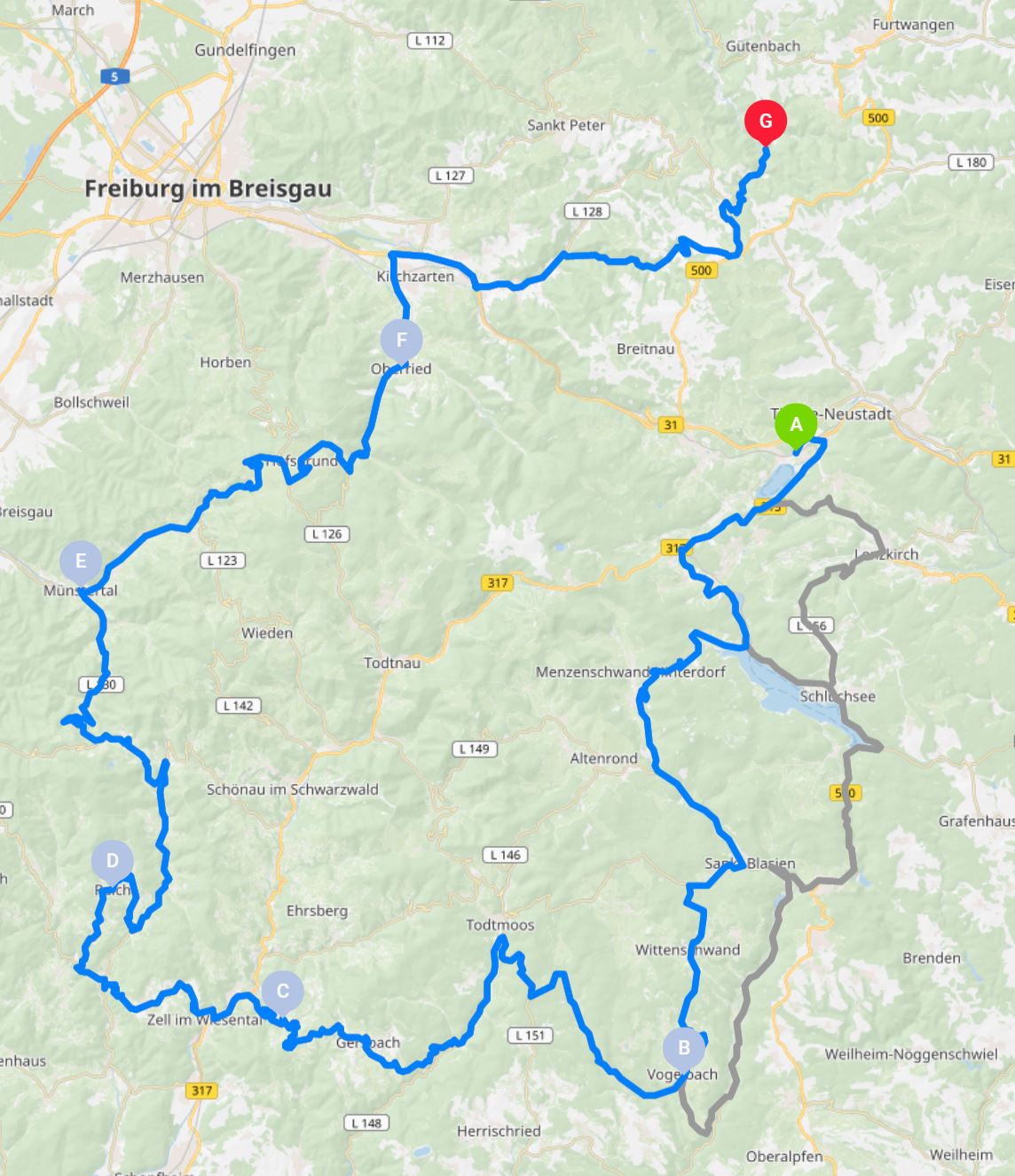 Streckenabschnitt einer Tour durch den Südschwarzwald, danach gibt´s bei keinem mehr nen Angststreifen auf dem Gummi - Kurven satt